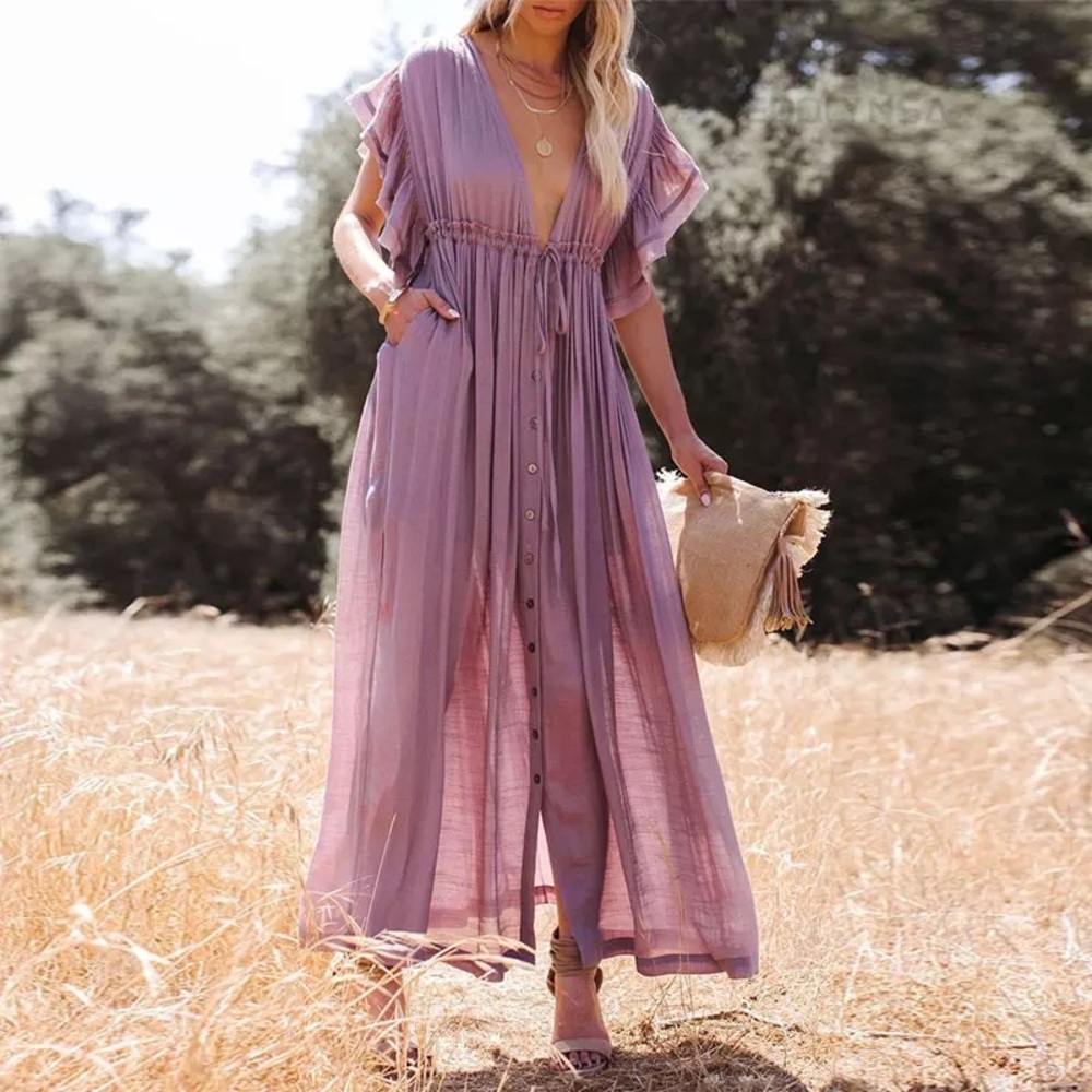 Butterfly Orchid Boho Gauze Button Front Flutter Maxi Dress W/Adjustable Tie - Picture 5 of 12